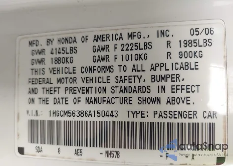 2006 Honda Accord 2.4 Se z USA, uszkodzony, nr VIN 1HGCM56386A150443